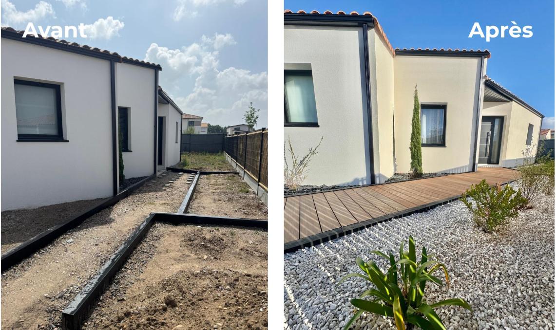 images avant après du jardin et de l'accès en lames composite nuances ipé de silvadec chez l'influenceuse chanala10